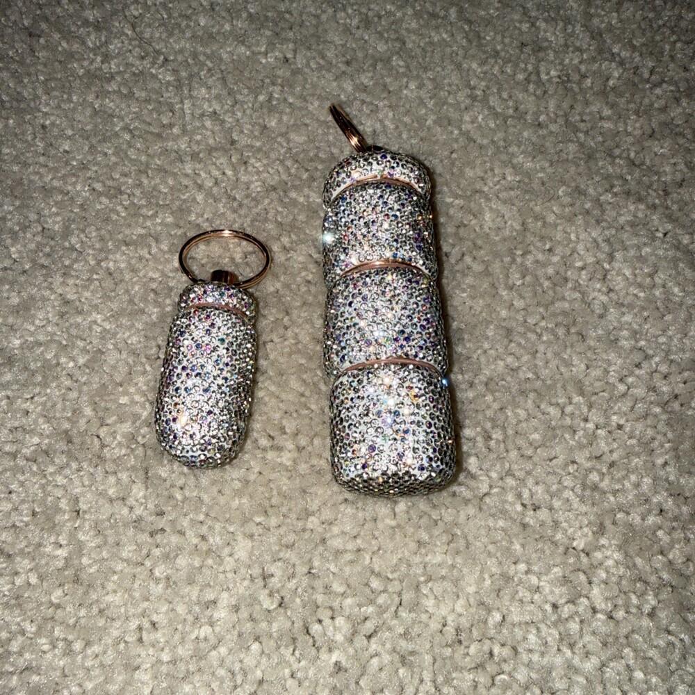 New Glitz & Glam Travel Pill Cases Clear Rhinestone with Keychain. TikTok Viral